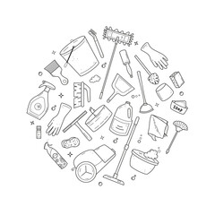 Hand drawn cleaning equipments set, sponge, vacuum, detergent, soap, bucket. Clean elements collection in doodle sketch style. Vector illustration for cleaning service ad, advertising