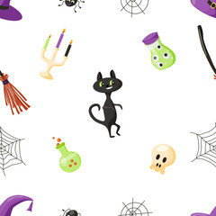 Seamless pattern with cute Halloween witchcraft elements - black cat, witch magic potion, scull, spider web. Flat vector texture for holiday celebration on white background