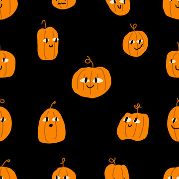 Cute cartoon orange pumpkins seamless pattern. Halloween characters with funny faces repeat texture. Vector illustration on black background