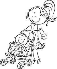 Line drawing of a mom walks with her son in a baby stroller