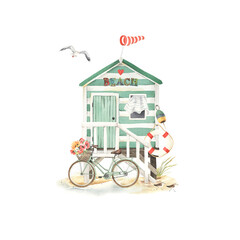 Beach hut in green striped with bicycle, decorations elements design and birds seagull and sandpipers, watercolor illustration beach house with symbols summer hobbies and leisure on coast sea. - 519285756