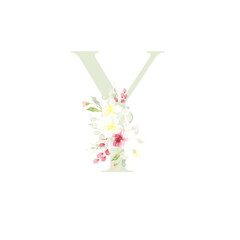 Whimsical floral botanical monogram alphabet - capital Y vector elements with flora background and sage green color font