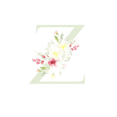 Whimsical floral botanical monogram alphabet - capital Z vector elements with flora background and sage green color font