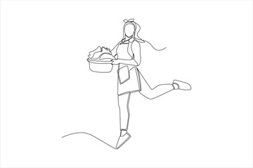 Continuous one line drawing Happy washerwoman brings a basket of laundry. Laundry service concept. Single line draw design vector graphic illustration.