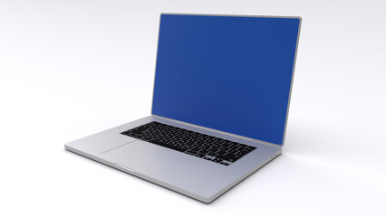 Modern silver laptop with a blank blue screen on a white background. Layout for design