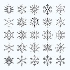 vector christmas snowflake set cute style black color isolated on background for greeting cards, animation, printing, party poster, banner, promotion, web design, decoration. 10 eps