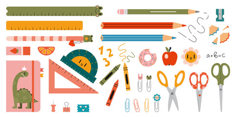 Cute school stationery and Art Supplies Set, cartoon style. Kawaii workspace accessories. Trendy modern vector illustration isolated on white background, hand drawn, flat