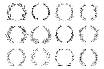 Ornamental branch wreathes set in hand drawn design. Laurel leaves wreath and decorative branch bundle. Different types of herbs, twigs, and plants curl vignetting elements. Vector floral decoration