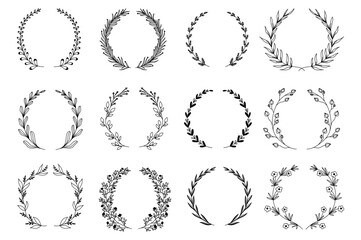 Ornamental branch wreathes set in hand drawn design. Laurel leaves wreath and decorative branch bundle. Different types of herbs, twigs with flowers and plants elements. Vector floral decoration