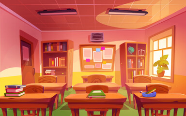 Classroom interior, school or college class with textbooks lying on student desks, chairs, schedule board hanging on wall and books in cupboard, light room for studying, Cartoon vector illustration