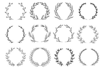 Ornamental branch wreathes set in hand drawn design. Laurel leaves wreath and decorative branch bundle. Botanical decor of herbs, twigs with flowers and plants elements. Vector floral decoration