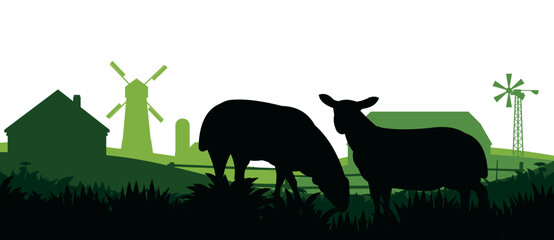 Sheep graze in pasture. Picture silhouette. Farm pets. Rural landscape with farmer house. Domestic animals wool. Isolated on white background. Vector