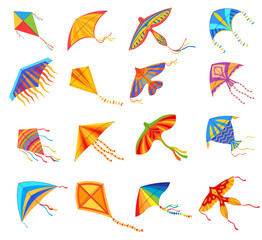 Flying kites. Playing outdoors with the wind. Vector illustration