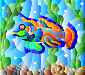 Fototapeta na wymiar Illustration in stained glass style mandarin fish on the background of water and algae, oval image
