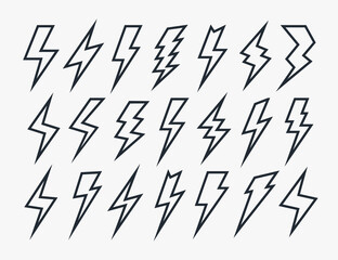 Set of electric lightning bold symbol line style isolated on white background for electric power logo, poster, t shirt. Thunder icon. Storm pictogram. Flash light sign. Vector 10 eps