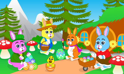 cute bunnies collect, decorate and play with easter eggs, posters, children's story books, websites, banners, games, mobile apps, printing and more