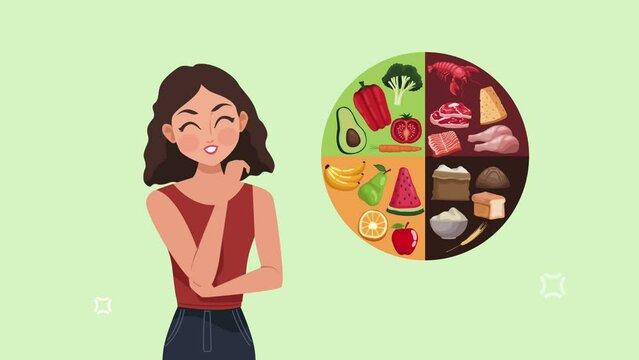 woman and round of vegetables animation icon