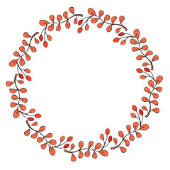Vector wreath of bright red leaves and berries. Round autumn frame, border in doodle flat style. Theme of happy fall, nature, forest, thanksgiving