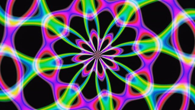 4k kaleidoscope abstract background. Hypnotic motion. Colorful symmetrical fractal seampless loop design animation on black background. Dynamic ethnic texture.