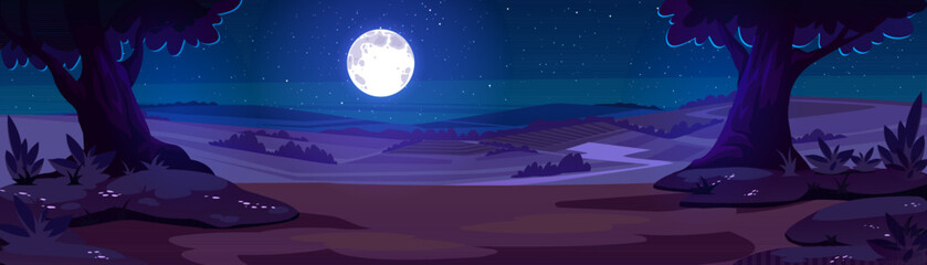 Cartoon nature night time landscape with forest trees, rocks and field under full moon shining in starry sky. Mysterious scenery background with dark rural meadow at twilight, Vector illustration