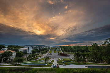 Budapest, Hungary - Rooftop garden of the Museum of Ethnography at City Park with beautiful colorful clouds at sunset