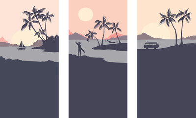Abstract tropical landscape. Three vector illustrations. Sunset in a bay with palm trees. - obrazy, fototapety, plakaty