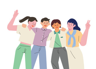 Fototapeta premium Friends are shoulder-to-shoulder, V poses, and happy expressions. flat design style vector illustration.