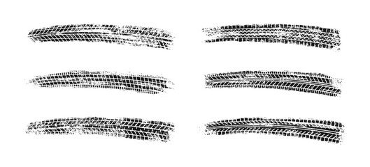 Auto tire tread grunge set. Car and motorcycle tire pattern, wheel tyre tread track. Black tyre print. Vector illustration isolated on white background. © Elena Pimukova