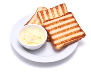 Toasted or grilled bread slices and butter isolated on white background