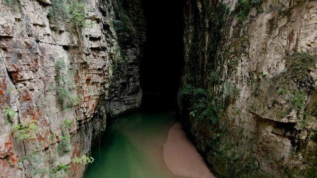 Arco del Tiempo, Chiapas, Mexico, Sone Arch, cave, River in Canyon, Drone Shot