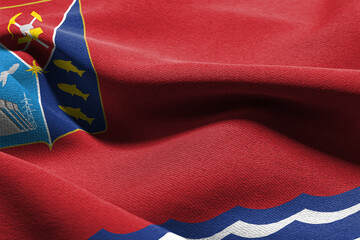 3D illustration flag of Magadan Oblast is a region of Russia. Waving on the wind