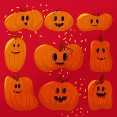 Set of vector orange halloween smiling pumpkins
