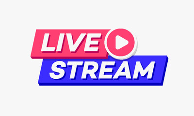 Vector live stream logo bold 3d style with play button isolated on background for blog, player, broadcast, website. online radio, media labels. Live stream banner. 10 eps