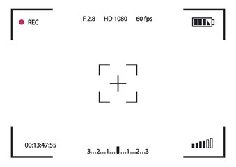 Record frame camera isolated on white background. Viewfinder template. Screen photography frame for video, snapshot photography, focusing screen. Cinematic view. Vector 10 eps