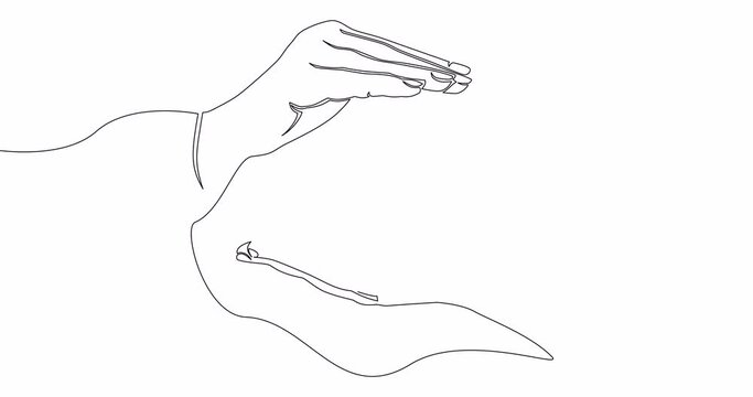 Self drawing line animation hands holding home insurance protection continuous line drawn concept video