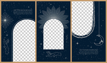 Set of celestial mysterious vector illustrations for stories templates, mobile app, landing page, web design, posters. Occult magic background for astrology, divination, tarot concept. Sun, moon, star - obrazy, fototapety, plakaty