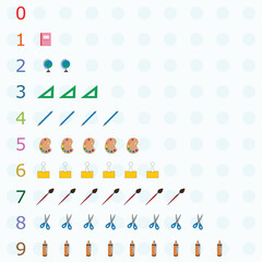 Numbers for children, from 1 to 10. Kids learning material. Card for learning numbers with school supplies. Number 1-10. 