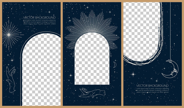 Set of celestial mysterious vector illustrations for stories templates, mobile app, landing page, web design, posters. Occult magic background for astrology, divination, tarot concept. Sun, moon, star