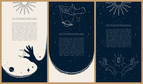 Set of celestial mysterious vector illustrations for stories templates, mobile app, landing page, web design, posters. Occult magic background for astrology, divination, tarot concept. Sun, moon, star