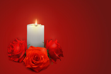 Realistic candle and rosebuds on a red background. Vector illustration