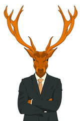 Serious deer - a businessman in a business suit: shirt, jacket and tie, stands with folded hands. Vector illustration	