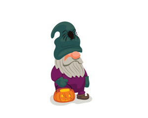Halloween gnome cute cartoon illustration with a spider and a jack o lantern; - 519292787