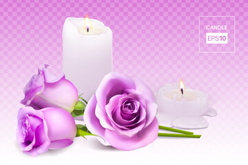 Obraz na płótnie Canvas Realistic candle and rosebuds on a transparent background. Vector illustration