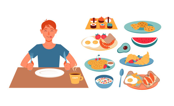cute smiling boy or man with fork and knife in his hands sits at table with empty plate. Various types of breakfasts, drinks and decorations for self-composition of image. Food vector illustration.