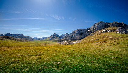 Obraz premium Scenic landscape of the Somiedo Natural Park in Asturias, Spain where we can see the mountains in the background with traces of snow and a green and flowery valley in the foreground