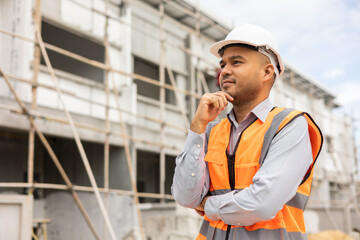 Confident engineer handsome man or architect looking forward with white safety helmet in construction site. Standing at modern building construction. Worker asian man working project building