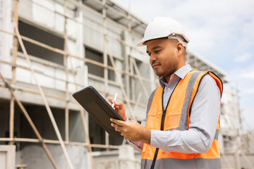 Confident asian engineer man Using tablet for checking and maintenance to inspection at modern home building construction. Architect working with white safety helmet in construction site