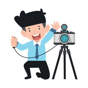 businessman  taking pictures camera with tripod cartoon