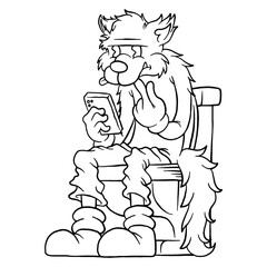 Coloring illustration of cartoon wolf sitting on the toilet