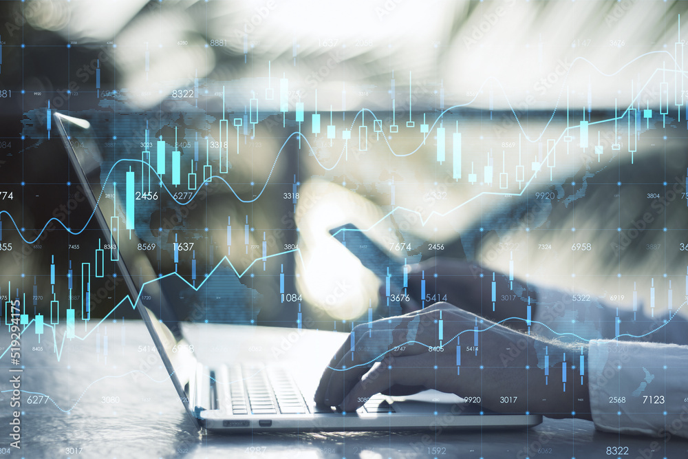 Poster close up of businessman hands using smartphone and laptop on desktop with and creative glowing forex